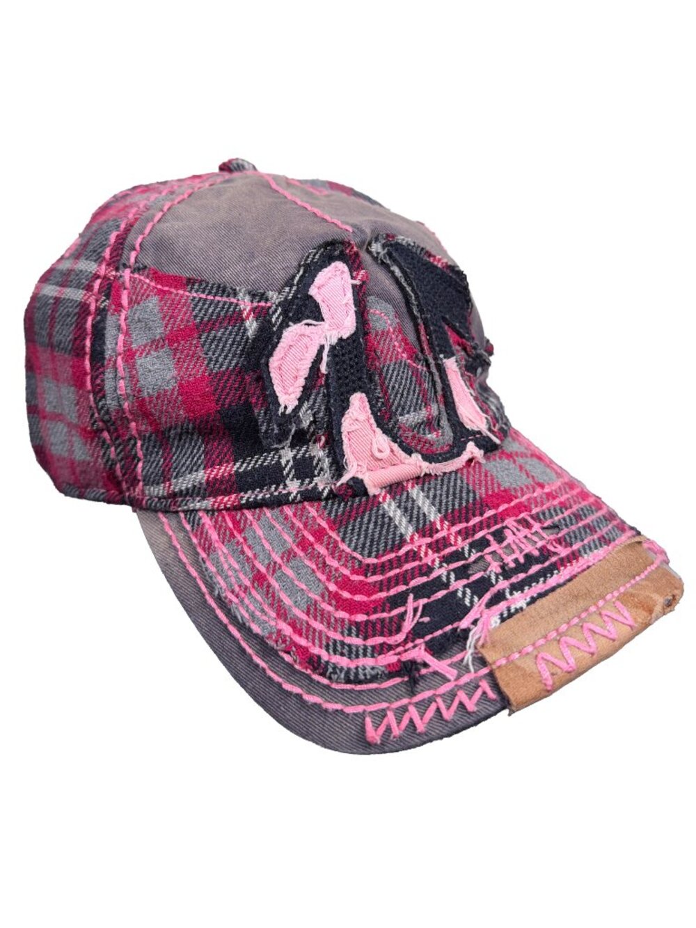 Vintage Y2K True Religion Pink Plaid Strapback Horseshoe Logo Trucker Hat OSFA